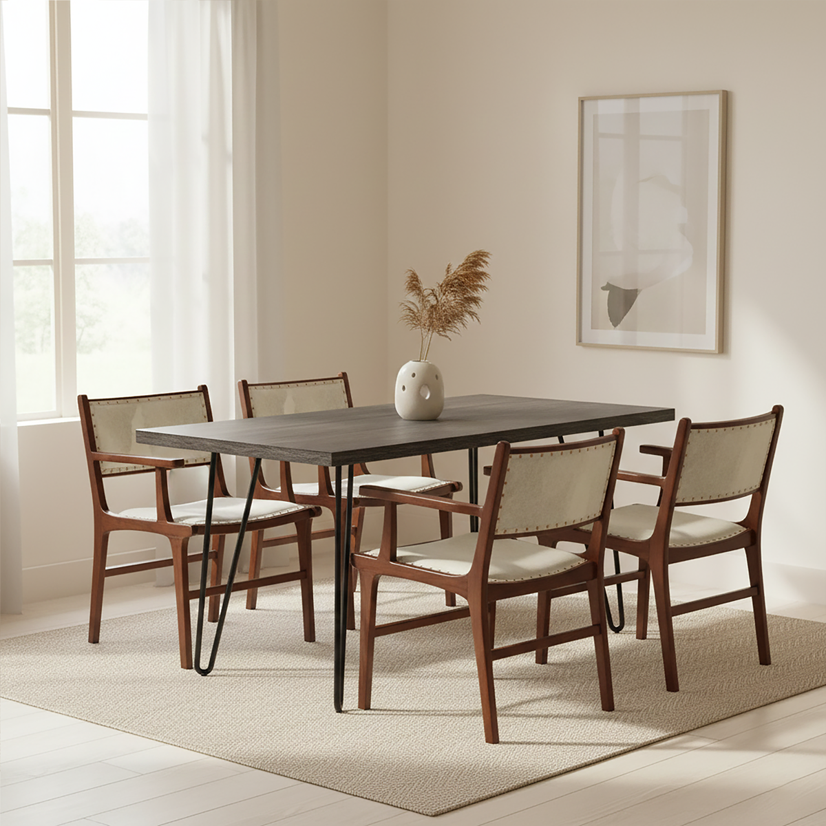 Orsina Kendari Leather and Teak Wood Dining Chair – Cream & Brown