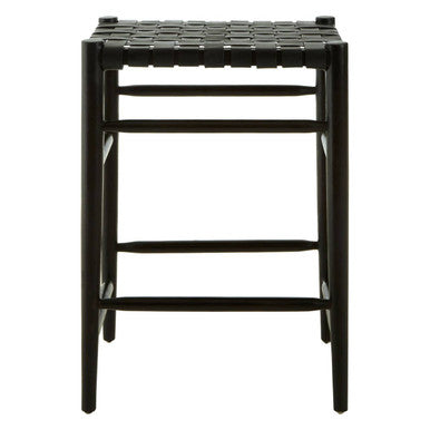 Orsina Kendari Black Woven Leather Barstool | Teak Counter Stool