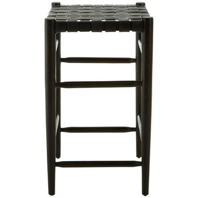 Orsina Kendari Black Woven Leather Barstool | Teak Counter Stool