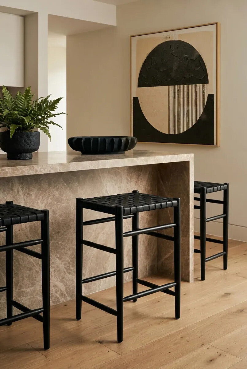Orsina Kendari Black Woven Leather Barstool | Teak Counter Stool