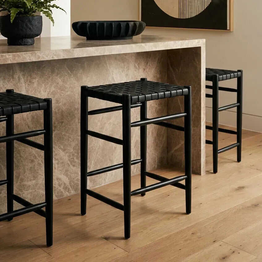 Orsina Kendari Black Woven Leather Barstool | Teak Counter Stool