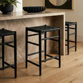 Orsina Kendari Black Woven Leather Barstool | Teak Counter Stool
