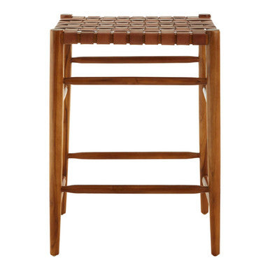 Orsina Kendari Woven Leather Barstool – Brown Teak Wood Kitchen Stool