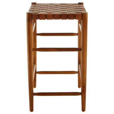 Orsina Kendari Woven Leather Barstool – Brown Teak Wood Kitchen Stool