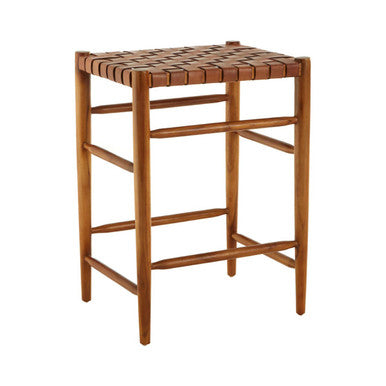 Orsina Kendari Woven Leather Barstool – Brown Teak Wood Kitchen Stool