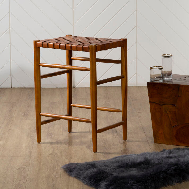 Orsina Kendari Woven Leather Barstool – Brown Teak Wood Kitchen Stool