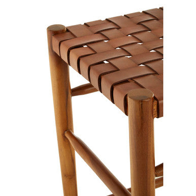 Orsina Kendari Woven Leather Barstool – Brown Teak Wood Kitchen Stool