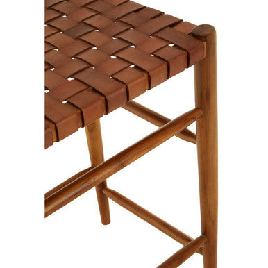 Orsina Kendari Woven Leather Barstool – Brown Teak Wood Kitchen Stool