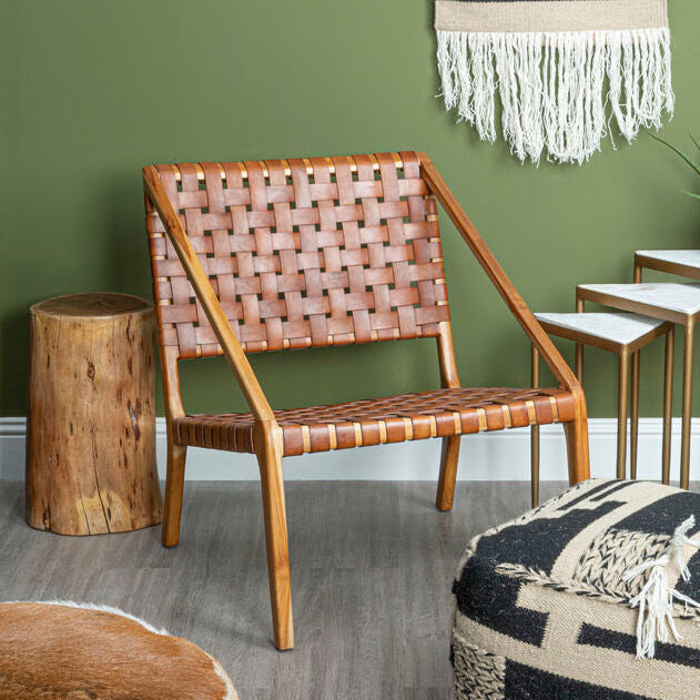 Orsina Kendari Tan Woven Leather and Teak Accent Lounge Chair