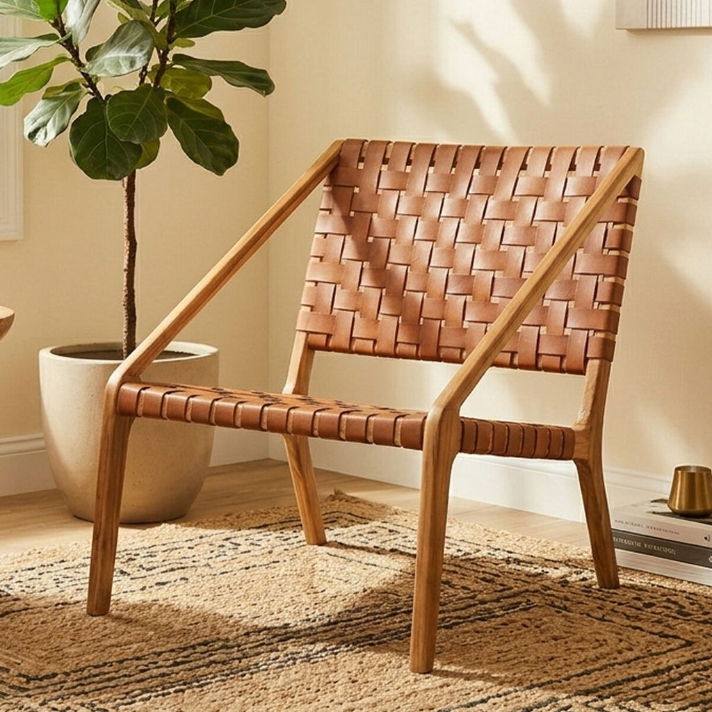 Orsina Kendari Tan Woven Leather and Teak Accent Lounge Chair