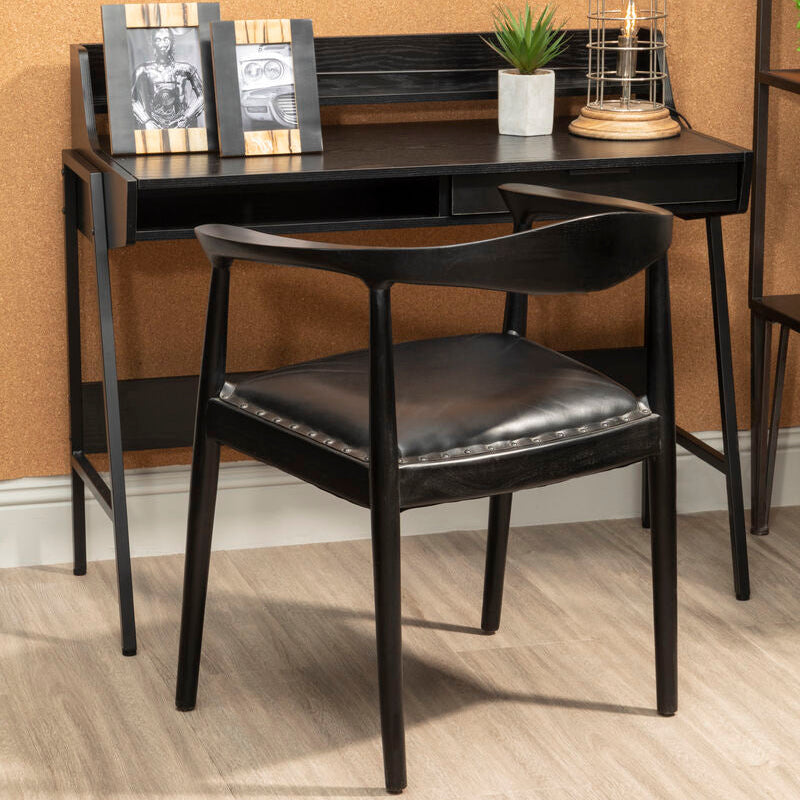 Orsina Kendari Black Leather and Teak Wood Modern Dining Accent Chair