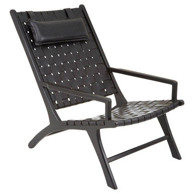 Orsina Kendari Black Woven Leather Accent Chair with Solid Teak Frame