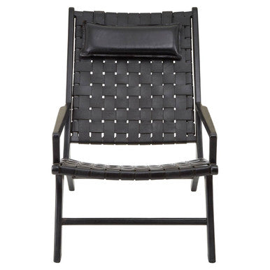 Orsina Kendari Black Woven Leather Accent Chair with Solid Teak Frame