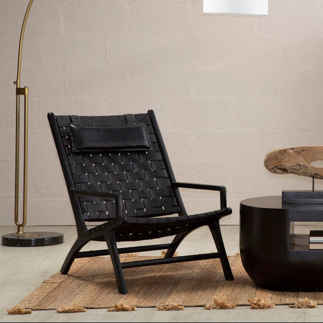 Orsina Kendari Black Woven Leather Accent Chair with Solid Teak Frame