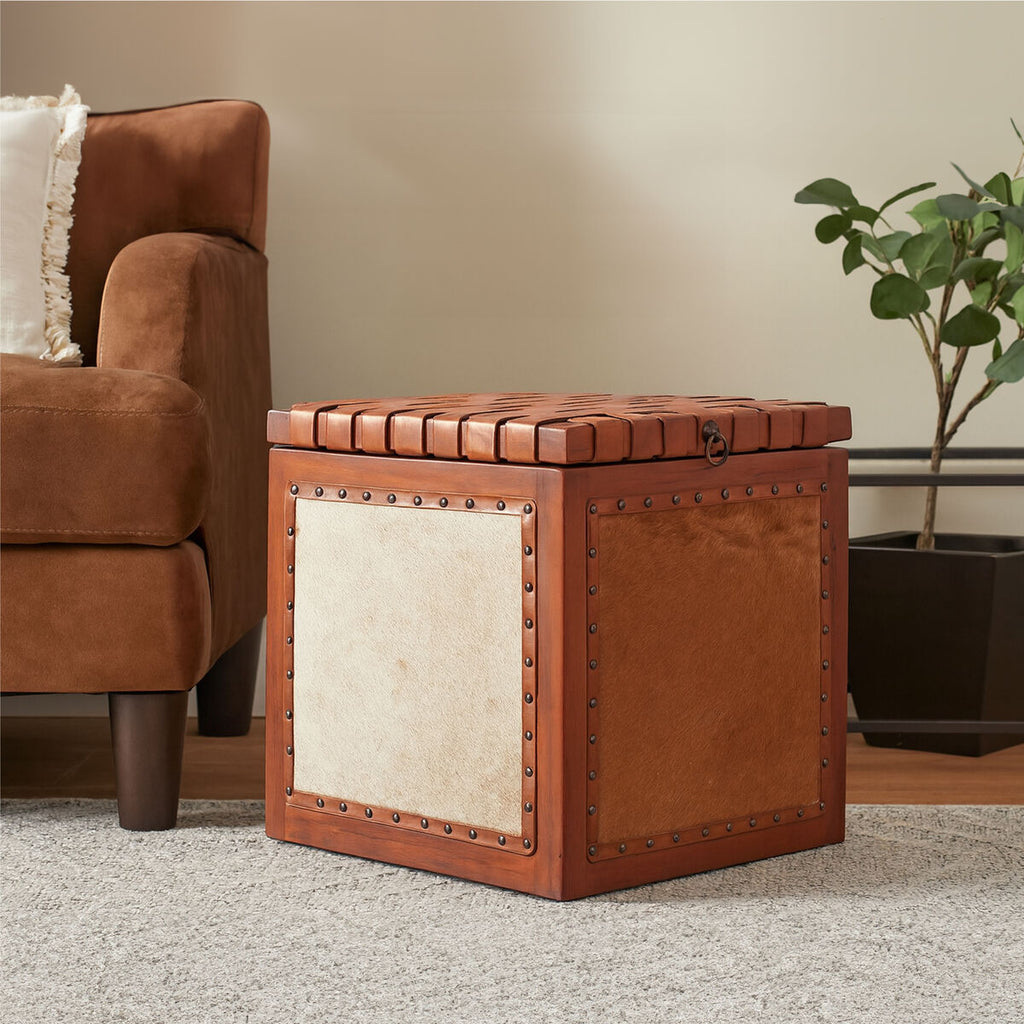 Orsina Kendari Hair on Leather Storage Stool | Brown Ottoman Footrest