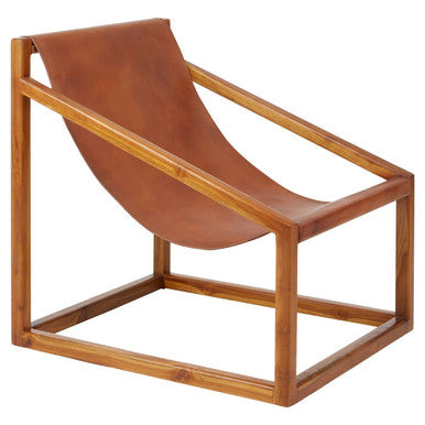 Orsina Kendari Brown Leather and Teak Wood Sling Accent Chair