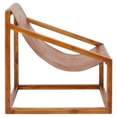 Orsina Kendari Brown Leather and Teak Wood Sling Accent Chair