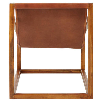 Orsina Kendari Brown Leather and Teak Wood Sling Accent Chair
