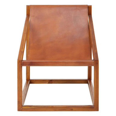 Orsina Kendari Brown Leather and Teak Wood Sling Accent Chair