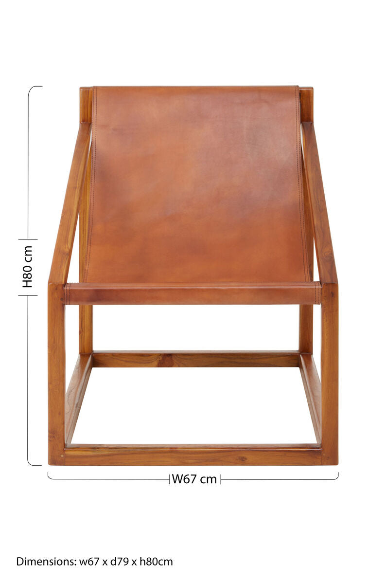 Orsina Kendari Brown Leather and Teak Wood Sling Accent Chair