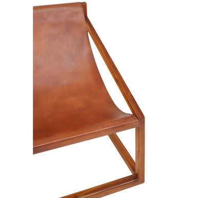 Orsina Kendari Brown Leather and Teak Wood Sling Accent Chair