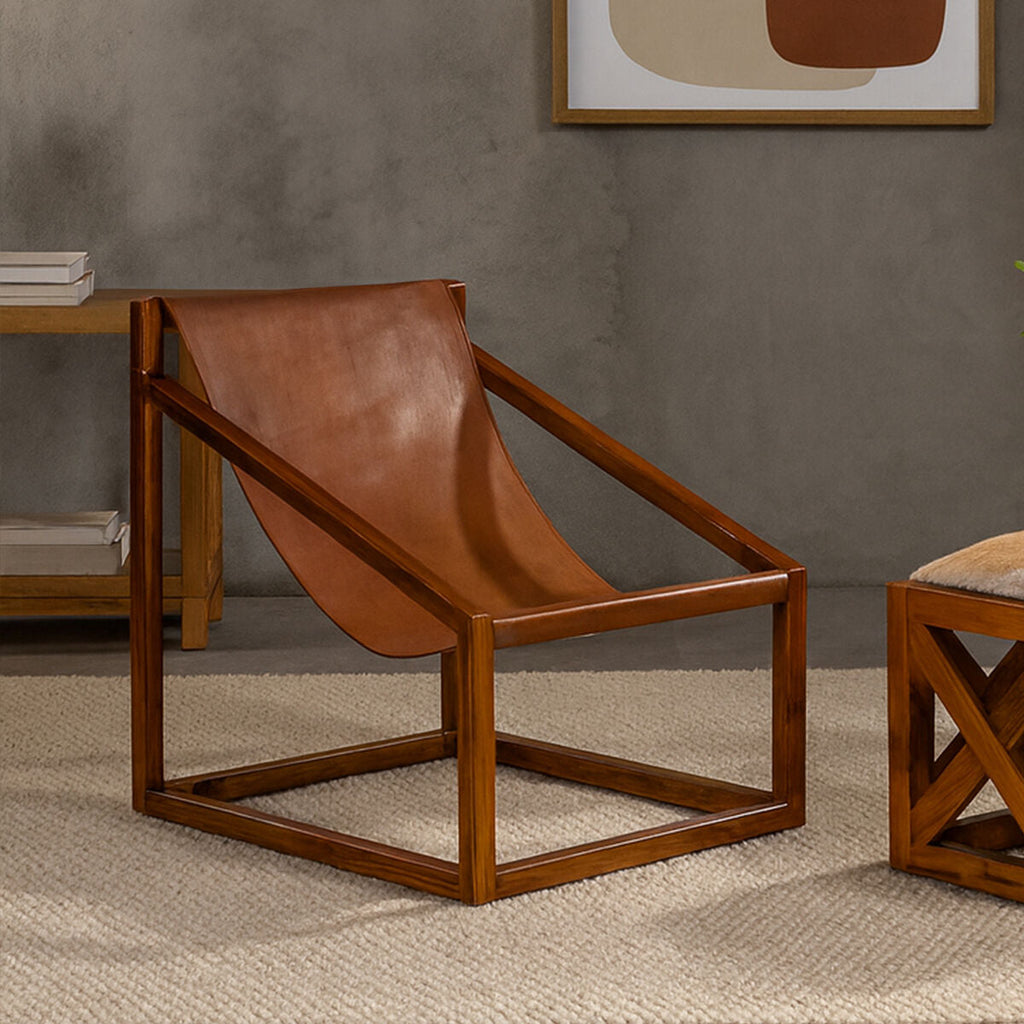 Orsina Kendari Brown Leather and Teak Wood Sling Accent Chair