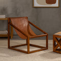 Orsina Kendari Brown Leather and Teak Wood Sling Accent Chair