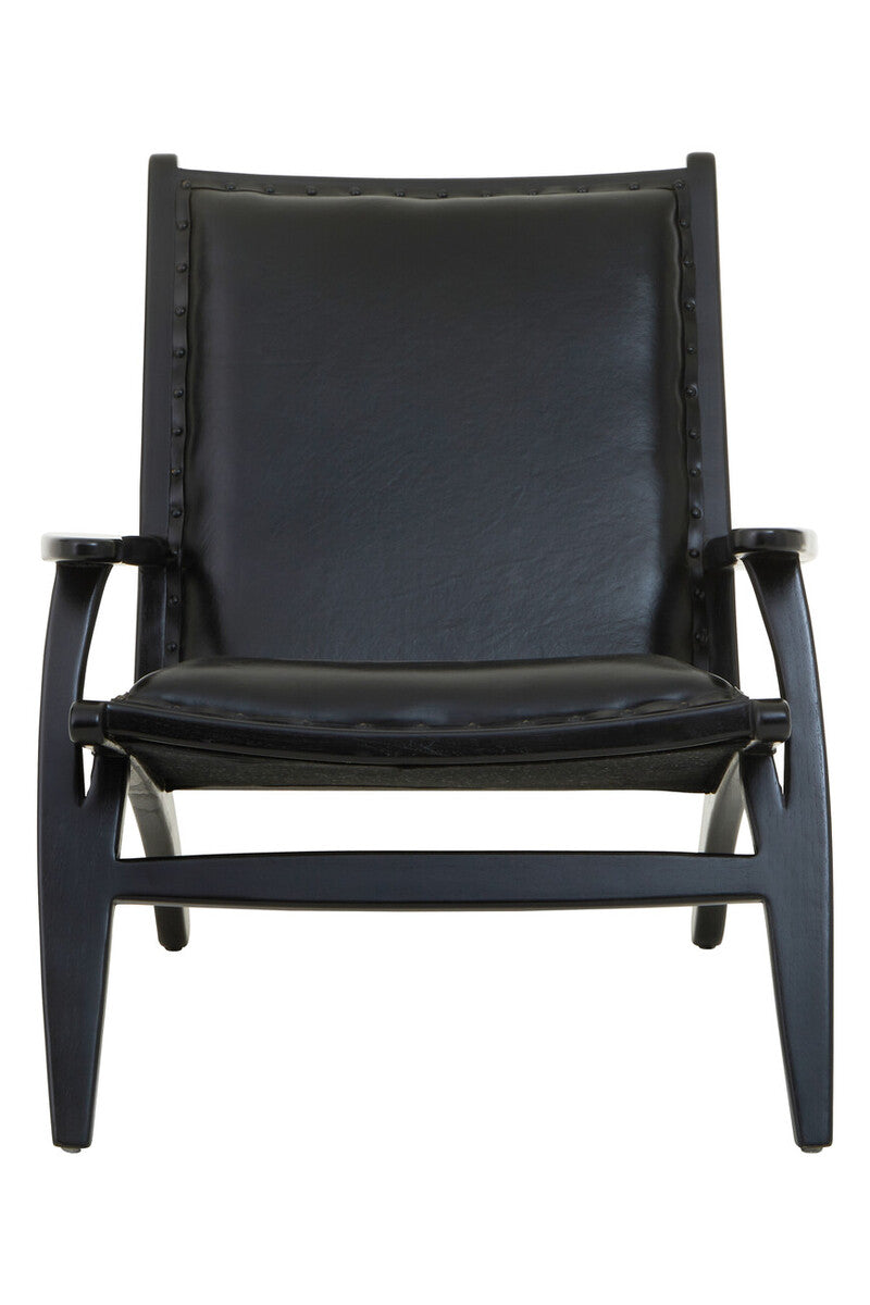 Orsina Kendari Black Leather and Teak Wood Mid-Century Accent Chair