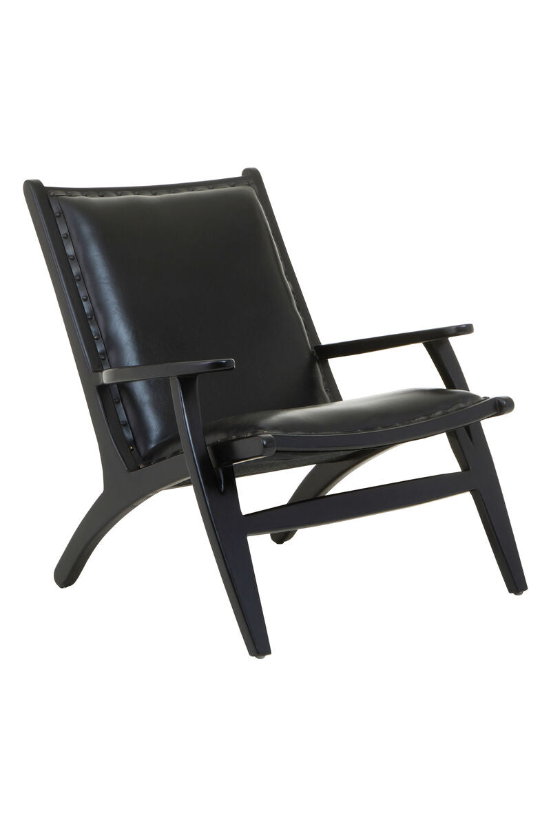 Orsina Kendari Black Leather and Teak Wood Mid-Century Accent Chair