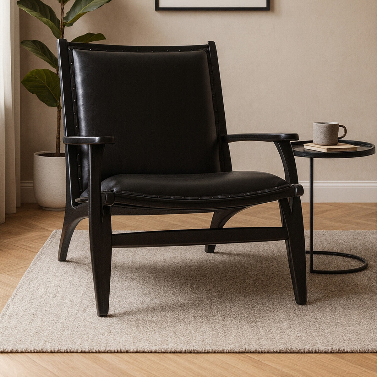 Orsina Kendari Black Leather and Teak Wood Mid-Century Accent Chair