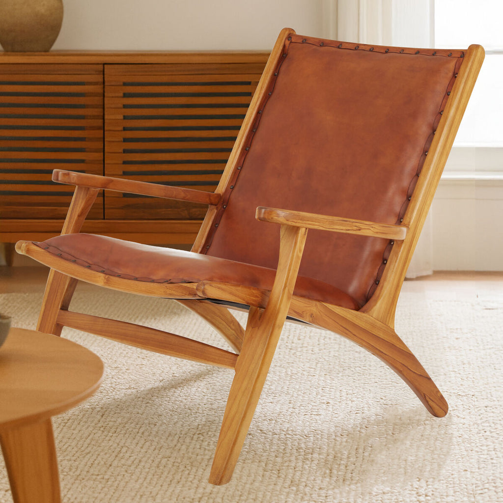 Orsina Kendari Brown Leather Lounge Chair – Mid-Century Teak Wood