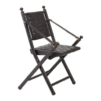 Orsina Kendari Black Leather Strap and Teak Wood Modern Accent Chair
