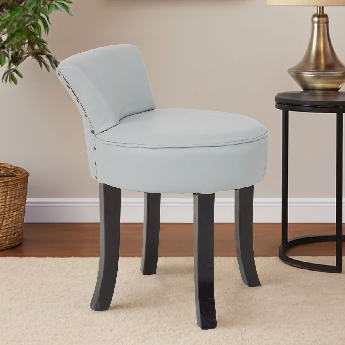 Orsina Kendari Grey Leather Accent Chair | Rounded Teak Wood Seat
