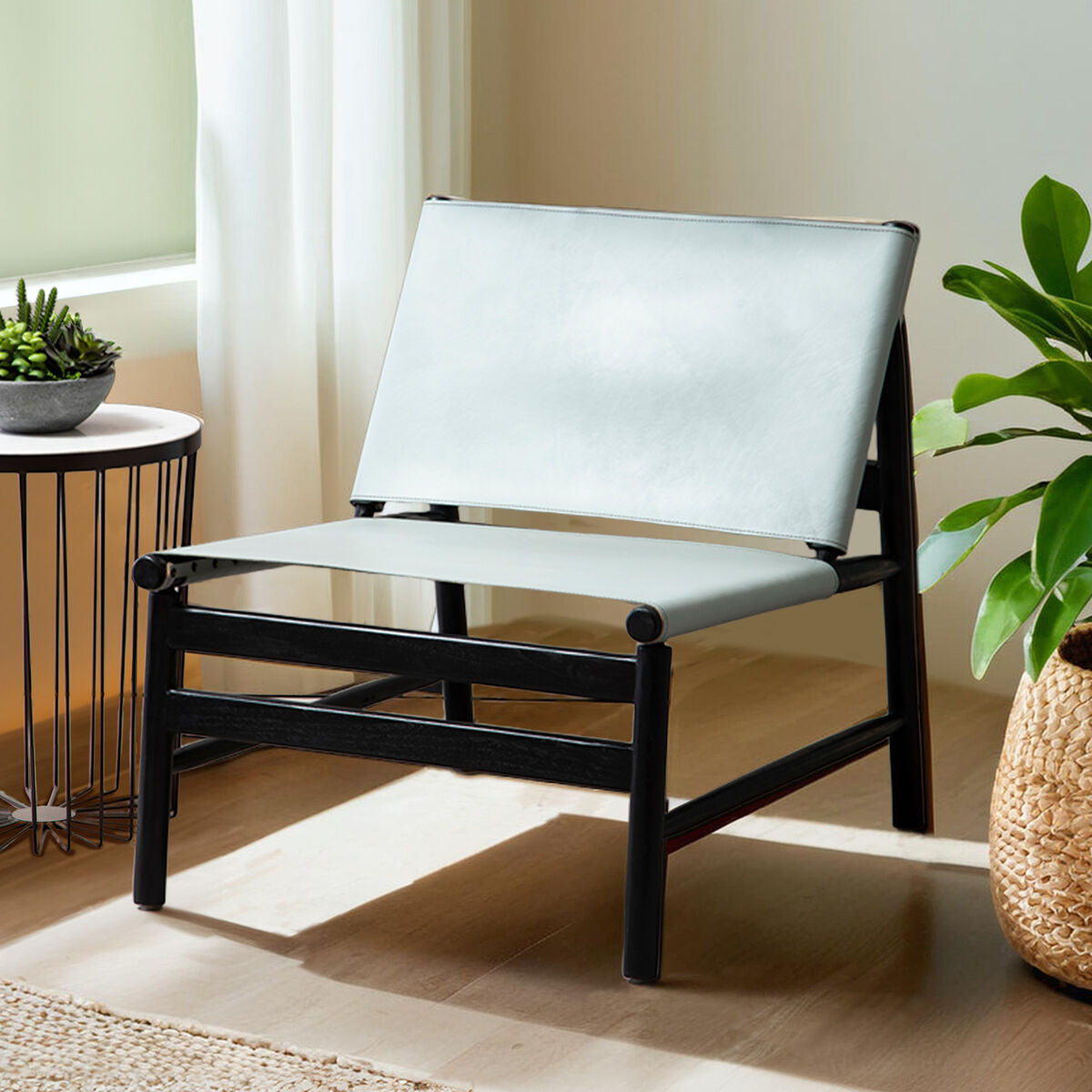 Orsina Kendari Modern Sling Chair | Grey Leather & Black Teak