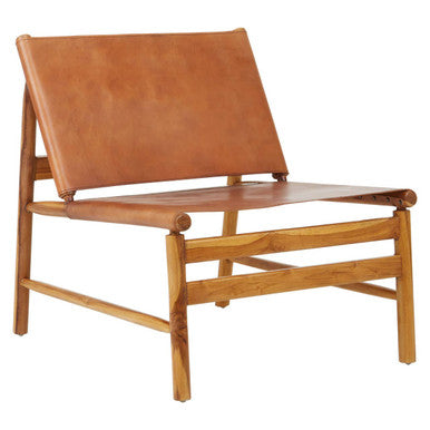 Orsina Kendari Brown Leather and Teak Modern Sling Accent Chair