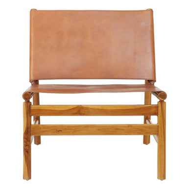 Orsina Kendari Brown Leather and Teak Modern Sling Accent Chair