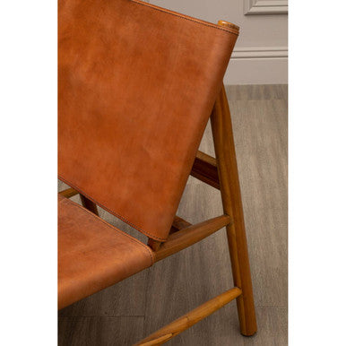 Orsina Kendari Brown Leather and Teak Modern Sling Accent Chair