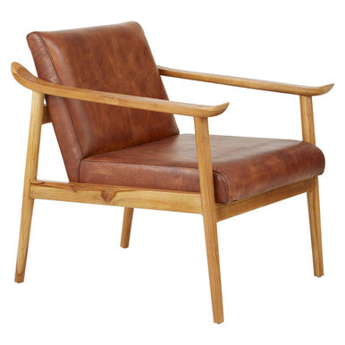 Orsina Kendari Brown Leather & Teak Wood Mid-Century Armchair