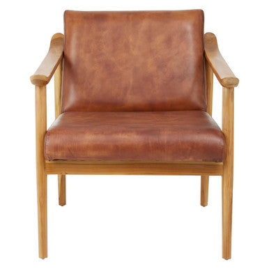 Orsina Kendari Brown Leather & Teak Wood Mid-Century Armchair