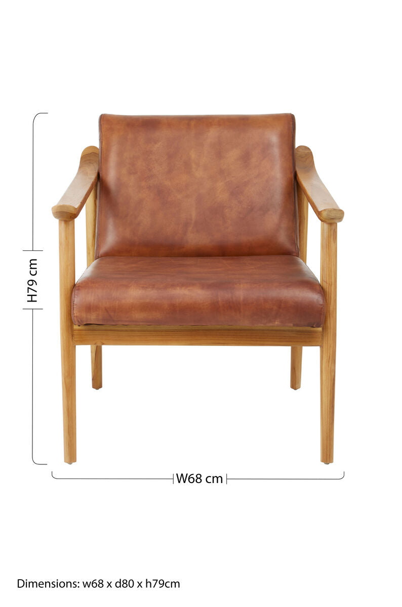 Orsina Kendari Brown Leather & Teak Wood Mid-Century Armchair