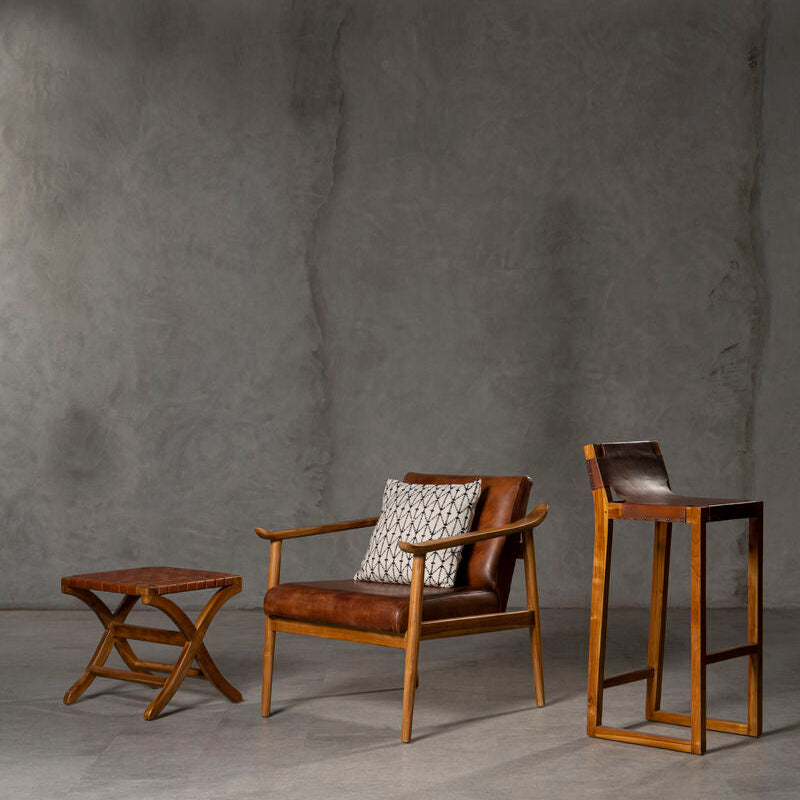 Orsina Kendari Brown Leather & Teak Wood Mid-Century Armchair