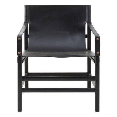 Orsina Kendari Black Leather & Teak Wood Frame Accent Armchair