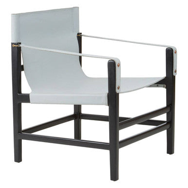 Orsina Kendari Grey Leather & Black Teak Wood Modern Sling Armchair