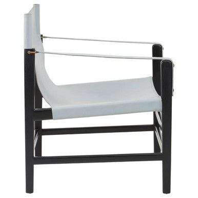 Orsina Kendari Grey Leather & Black Teak Wood Modern Sling Armchair