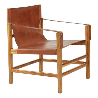 Orsina Kendari Brown Leather Sling Accent Chair | Teak Wood Frame