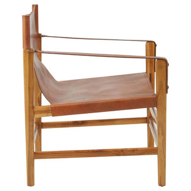 Orsina Kendari Brown Leather Sling Accent Chair | Teak Wood Frame