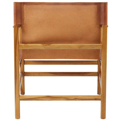 Orsina Kendari Brown Leather Sling Accent Chair | Teak Wood Frame
