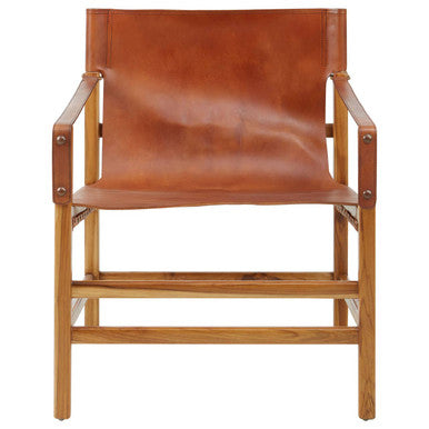 Orsina Kendari Brown Leather Sling Accent Chair | Teak Wood Frame