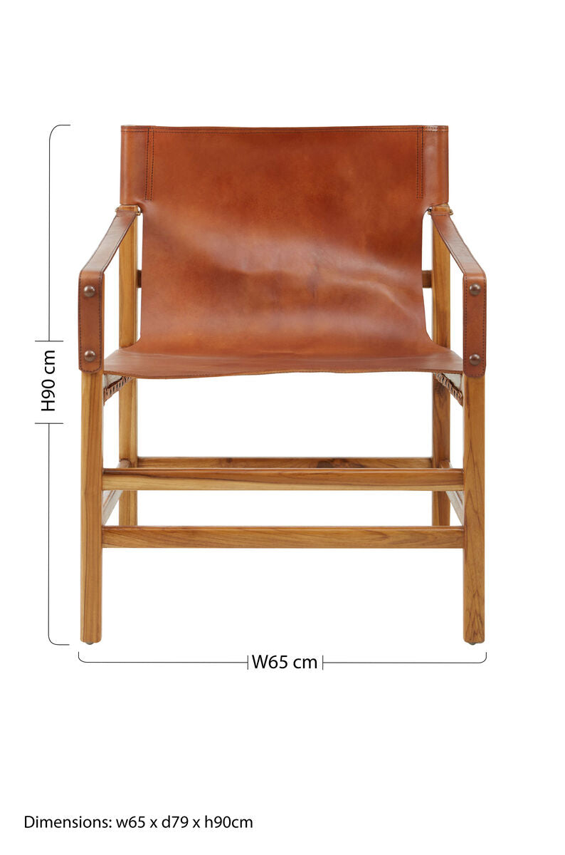 Orsina Kendari Brown Leather Sling Accent Chair | Teak Wood Frame