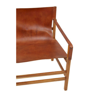 Orsina Kendari Brown Leather Sling Accent Chair | Teak Wood Frame